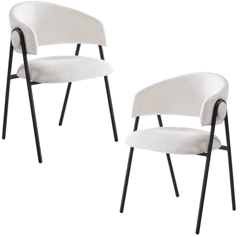 stone princess 2er Set Esszimmerstühle Gepolstert mit Armlehnen – Bequeme Stoffstühle mit Schwarzem Metallgestell, Ideal für Esszimmer, Küche & Wohnzimmer(Weiß, DC010-2er)