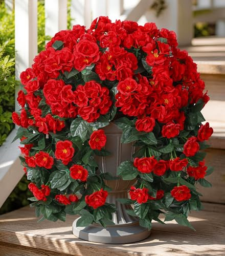 Artificial Geraniums Fake Flowers Hanging Plants for Outdoors Spring Decor, 2 PCS Realistic Faux Silk Red Geraniums Long Trailing Vines UV Resistant Outdoor for Outside Planters Porch Patio Garden