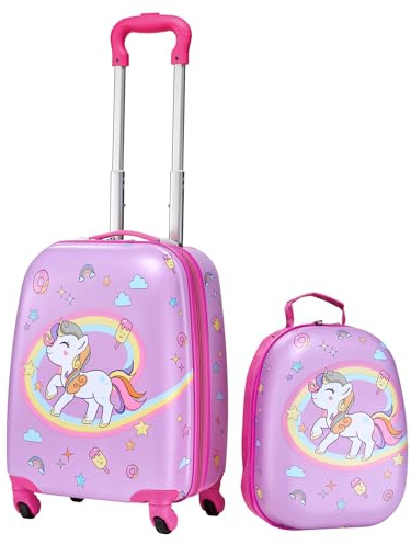 VEVOR Kids Luggage Set, 2 Piece, 18 Inch Hardside Rolling Wheels Suitcase with Hard-Shell Backpack, Unicorn Kids Carry on Luggage Set, Holiday Birthday Gift for Girls & Boys, Airline Approved