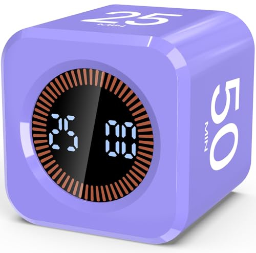 Pomodoro Timer Cube, Visueller Würfel-Timer für Kinder, Digitale LED Drehbarer Timer mit 5/10/25/50 Min & Custom Countdown, Lautlos/Ton Modi, USB-C für Lernen, Arbeit, Küche, ADHS (Violett)