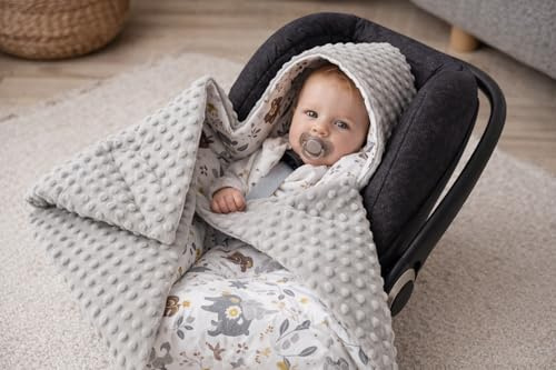 BABEES© Wattierte Einschlagdecke mit Füllung für Babyschale Autositz, Universal warm ganzjährig, Minky Baby Decke mit Klettverschluss für Kinderwagen Babytragen