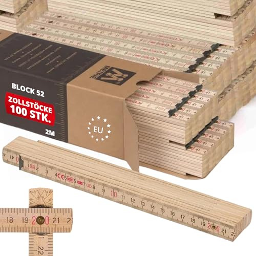 Metrie™ Zollstock – Gliedermaßstab 2m | Meterstab, Maßstab – Natur – Duplex Teilung, Hergestellt in der EU | Buchenholz & Stahlgelenke | Großpackung Profi | BLOCK 52 – 100 Stück