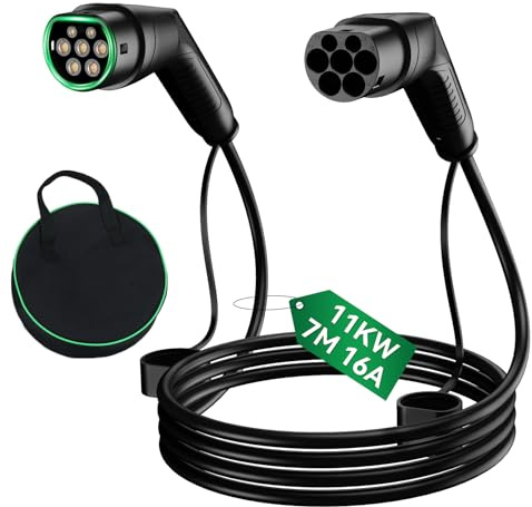 eklipt Type 2 EV Charging Cable 11KW 7M 16A 3-Phase 480V, Electric Vehicle Type 2 to Type 2 Charger Cable with Carry Bag, Compatible with Model S/3/X/Y, for EV/PHEV, Fast Charging, IP54 Rated, Black