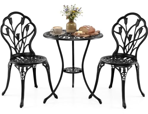 GOPLUS Salon de Jardin Exterieur 2 Personnes Tulipe,3 PCs Table Exterieur avec 2 Chaises Haut Dossier en Fonte Aluminium,Trou pour Parasol Intégré, pour Jardin, Balcon (1 Table+2 Chaises,Tulipe Noir)