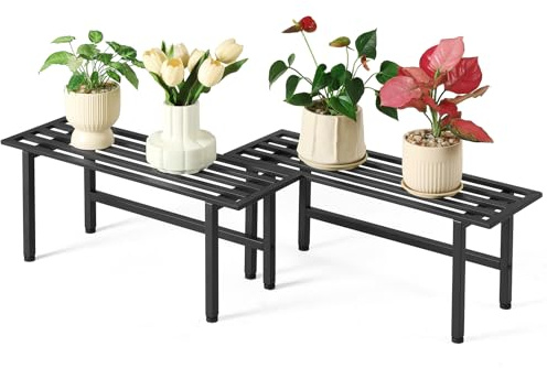 Zoapion 2 Pack Metal Plant Stands Outdoor Indoor,1 Tier Plant Bench,Black | Weight Capacity 240 lbs Heavy Duty Shelf,26L x 10.12H x 8.75W,Rock-Solid Stability,Adjustable Feet