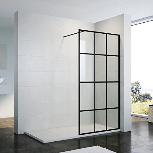 ZANOFIRA 900mm Black Grid Walk in Shower Screen 8mm Toughened Safety Glass Industrial Style Wet Room Shower Panel with Stainless Steel Support Bar Reversible for Shower Cubicles