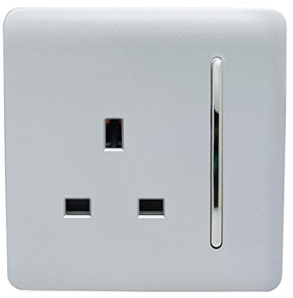 Trendi 1 Gang Raised Artistic Modern Glossy Screwless 13 Amp Single Pole with Chrome Switched UK Standard Electrical Double Wall Plug Socket in Platinum Silver - ART-SKT13SI