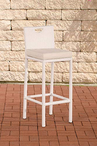 CLP Outdoor-Barhocker Mari Mit Sitzkissen I Polyrattan Tresenstuhl Mit Fußstütze I Thekenhocker Mit 75 cm Sitzhöhe, Farbe:weiß, Polsterfarbe:Cremeweiß