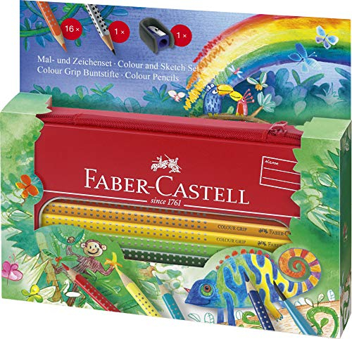 Faber-Castell 112452 - Mal- und Zeichenset Colour Grip Dschungel, 18-teilig, im Metall-Etui