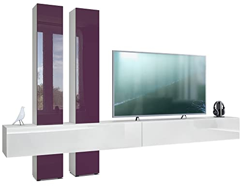 Vladon Wohnwand Moja, Made in Germany, Weiß matt & Weiß/Brombeer Hochglanz - Moderne Anbauwand für Ihr Wohnzimmer (BxHxT) 330 x 204 x 39 cm