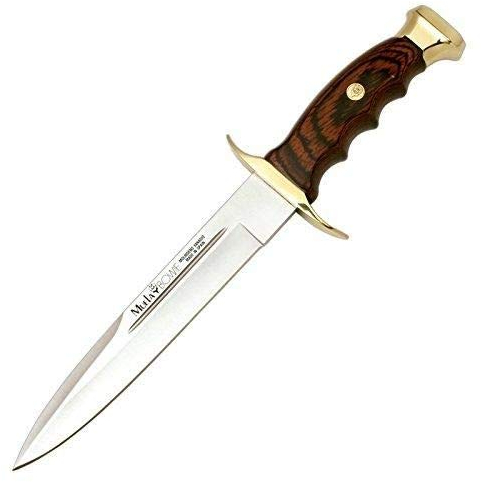 Muela Cuchillo BW-19 hoja de acero MoVa de 19 cm y empuñadura de madera de coral para Caza, Pesca, Supervivencia y Bushcraft Realizado en Ciudad Real + Portabotellas de regalo