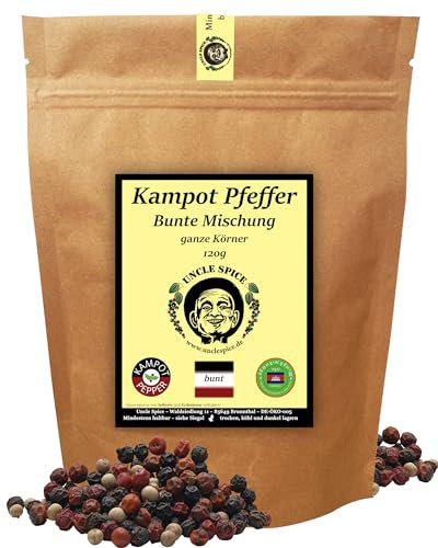 UNCLE SPICE® bunter Kampot Pfeffer-120g Kampot Pfeffer bunt - Premiumqualität - ganze sonnengetrocknete Pfefferbeeren, rote, weiße, schwarze Pfefferkörner ganz, handverlesen für die Mühle