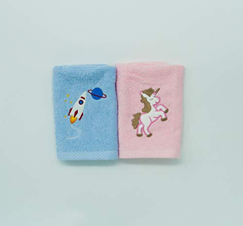 Lex's Linens Lot de 2 gants de toilette pour enfants (1 de chaque) (licorne et fusée)