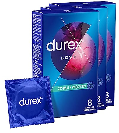 Durex Love Kondome – Mit anatomischer Easy-On-Form für leichtes Überziehen & mit viel Silikongleitgel befeuchtet – 24er Pack (3 x 8 Stück)