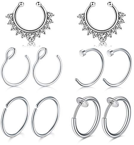 Mayhoop 10Stk Fake Piercings Fake Nasenring Septum Edelstahl Silber Fake Piercings Nase Fake Septum Piercing Face Piercing Nase Septum Lippe Ohr Ring Hoop für Männer Damen