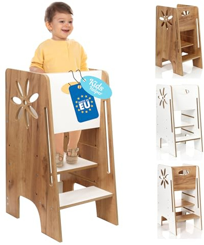 Kitchen Kids Helper Lernturm ab 1 Jahr - Höhenverstellbarer Lernturm Montessori Eiche-Weiß 80cm - Sicherer Learning Tower für Kinder - Ideal für Küche & Bad - Stabile Konstruktion - Leichter Aufbau