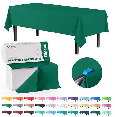 Exquisite Rouleau de nappe en plastique vert foncé de 137,2 cm x 90,4 m dans une boîte à découper avec coupe-glissière pratique. Permet de couper jusqu'à 36 nappes rectangulaires jetables en plastique