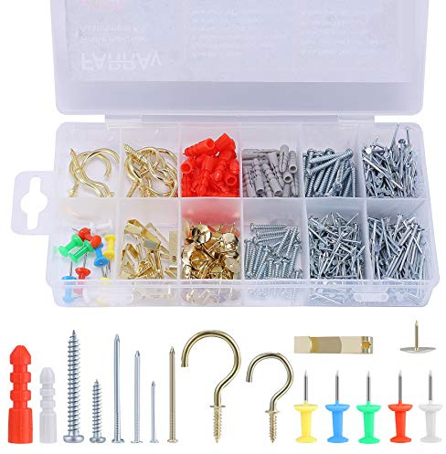 FARRAY Home Hardware Kit: Viti autofilettanti, chiodi, ancoraggi per cartongesso, ganci per quadri, ganci per tazze, puntine, puntine per pollice, 600 pezzi