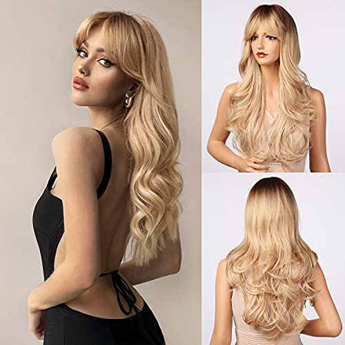 Honygebia Perücke Blond mit Pony - Ombre Blond Perücken für Damen, Lange Gerade Gewelltes, Frauen Natürliche Realistisches Synthetische Hitzeresistente Haar für Karneval/Kostüme/Mottoparty