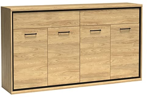 Mirjan24 Kommode Berspe BP08 mit 2 Schubladen und 4 Türen, Gedämpftem Schließsystem, Anrichte, Sideboard, Highboard, Wohnzimmer (Hikora Natur, ohne Beleuchtung)