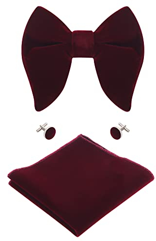 WANYING Herren Samt Oversized Fliegen & Einstecktuch & Manschettenknöpfe 3 in 1 Sets Vorgebunden Fliegen Verstellbar mit Hakenverschluß - Einfarbig Bordeaux