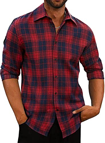 Meilicloth Flanellhemd Herren Kariert Langarm Button Bown Baumwolle Flanellhemden Herren Regular Fit Rot L