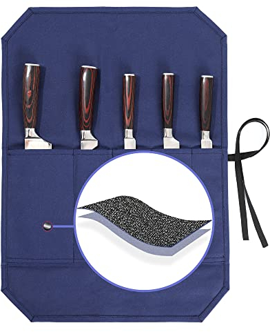 Chef Knife Roll, Heavy Duty 16OZ Waxed Canvas Knife Roll, 5 Slots Knife Bag with Professional Cut Resistant Fabric, Blue (21L x 15.5W)