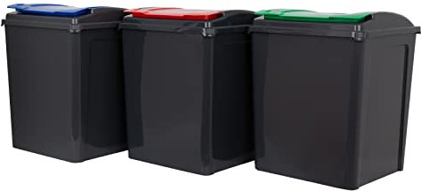 Wham 3 Piece 50L Plastic Recycle Bin Graphite/Assorted (Red/Blue/Green Lids)