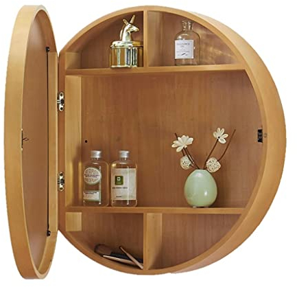 Wandschrank Holz-Badezimmer-Spiegelschrank Home Dekorativer Wandschrank Aufbewahrungsschrank Mit Spiegel Kosmetik-Spiegelschrank Wandmontierter Runder Hängeschrank (Color : Wood Color, S : 70cm)