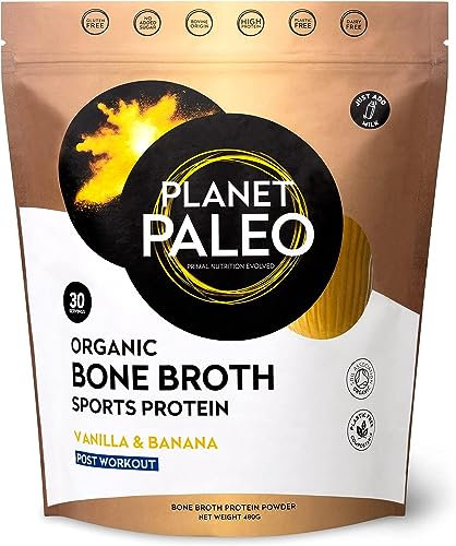 Planet Paleo Organic Bone Broth Sports Protein Powder (480g, 30 Servings) Vanilla & Banana, Grass-Fed, Collagen, High Protein Post-Workout Recovery Drink