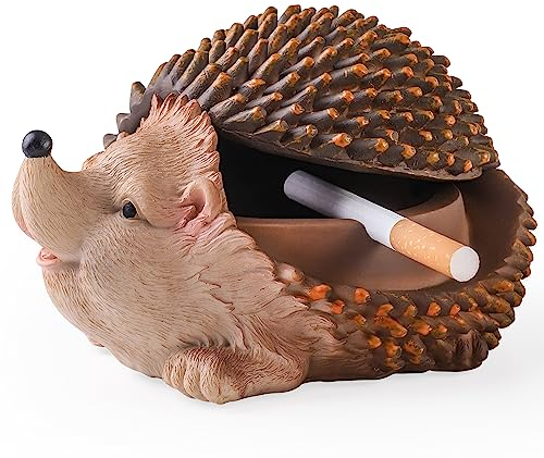 LINOVINO Aschenbecher für den Außenbereich mit Deckel, rauchfreier, wasserdichter Aschenbecher mit niedlichem Igel-Dekor, Harz-Aschenbecher für Zigaretten, Heimbüro, Veranda, Terrassendekorationen
