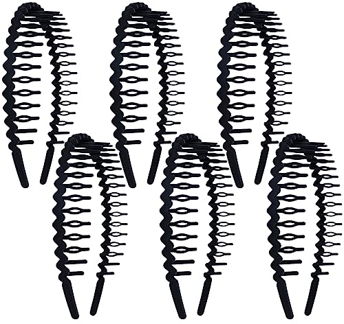 Cinaci Lot de 6 bandeaux de sport antidérapants en plastique noir ondulé mat avec peigne à dents élastiques fins pour femmes, hommes, filles, adolescents et enfants