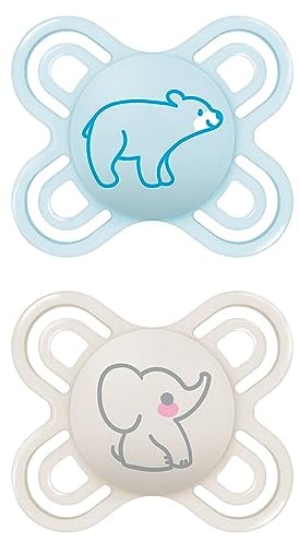 MAM Perfect Start Schnuller im 2er-Set, speziell für Neugeborene, zahnfreundlicher Baby Schnuller aus nachhaltigen & bio-erneuerbaren Materialien, mit Schnullerbox, 0-2 Monate, Bär/Elefant