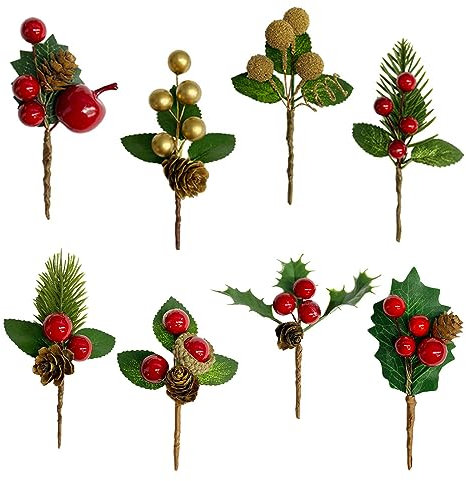 16 Pezzi Rami di Pino Natalizio, Coni di Pino di Natale Pino di Abete Artificiali Bacche Rosse Finte Pigne di Rami per Composizioni Floreali di Natale, Ghirlande e Decorazioni per Natalizi