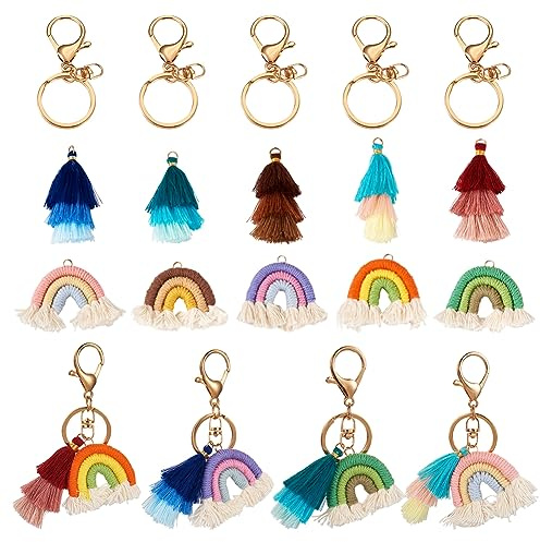 FASHEWELRY 15 Stück Regenbogen-Schlüsselanhänger Makramee Gewebte Baumwolle Charms mit Karabinerverschluss für Schmuckherstellung DIY Handwerk