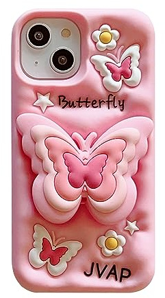 QoKcoahn Case for iPhone 13 Pro,Cute 3D Kawaii Phone Cases Funny Cartoon Bracke Pink Butterfly Cover with Keychain Soft Silicone Gel Drop Protection Case