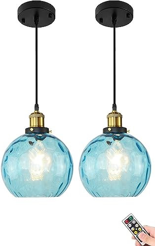 Mini Battery Operated Pendant Light with Remote,No Wiring Blue Glass Pendant Lighting,Small Glass Round Shade Hanging Ceiling Light Fixture for Kitchen Island,Sink,Counter,Bar,Dining Room (Color : 2
