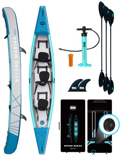 BEYOND MARINA Aufblasbares Kajak für 1, 2, 3 Personen, Drop-Stitch Tandem Kayak Set für Erwachsene mit Paddeln, Sitzen, Pumpe, Finne & Tragetasche, Robust & Vielseitig, 380 cm / 420 cm / 460 cm