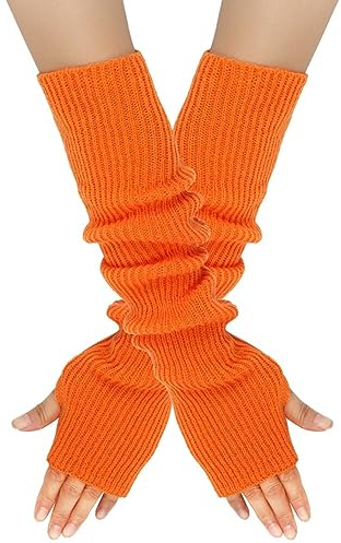 MoreChioce 1 Paar Frauen Lange Fingerlose Handschuhe, Winter Gestrickt Armstulpen Ellenbogenlange Handgelenk Pulswärmer Damen Halbfingerhandschuhe Fäustlinge Strickhandschuhe mit Daumenloch,Orange