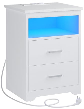 KIMENICH Nachttisch mit LED-Beleuchtung,Nachtschrank mit Ladestation,USB-Anschlüssen,2 Schubladen,Sofatisch, für Schlafzimmer, Wohnzimmer (1, Weiß)