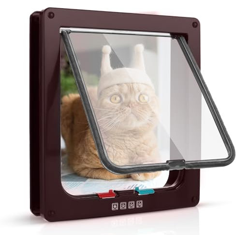 Sailnovo Puerta de Gato (tamaño Exterior 19 x 20 x 5,5 cm), Puerta para Gatos con 4 bloqueos para Puertas Interiores y Exteriores, Resistente a la Intemperie, para Gatos y Perros, Color marrón