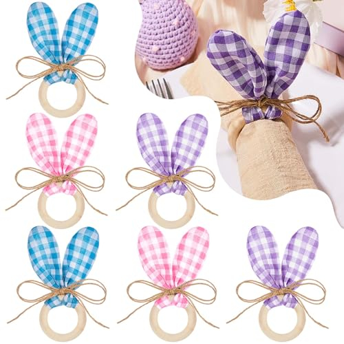 Sunnychicc Oster-Serviettenringe-Set, Bauernhaus-Hasen-Serviettenring, Holz-Serviettenhalter mit niedlichem kariertem Ohr-Ornament für Party, Esstisch, Osterdekoration, 6 Stück