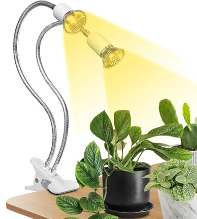 GlowUp Doppia Testa Portalampada E27 con Pinza, 360° Regolabile Lampada a Collo di Cigno Clip, Supporto per lampada a LED con 1.25M Cavo e doppio interruttore, lampada da lettura con pinza