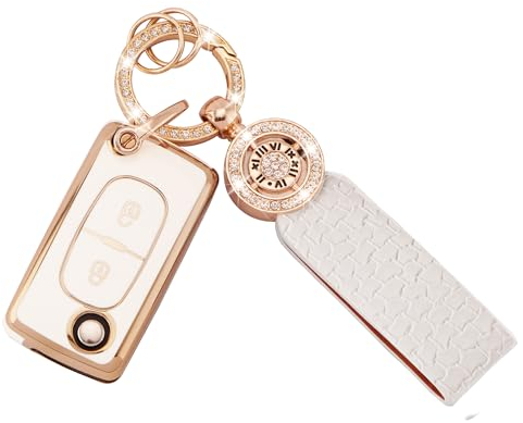 Koaudb Housse de clé de Voiture pour Peugeot 2 Boutons 107 207 307 307S 308 407 607 807 3008 5008 Citroën C2 C3 C4 C5 C6 C8 Xsara Etui pour Porte Clé Pliant en TPU avec Porte Clé Bling (C-Pgt-2F)