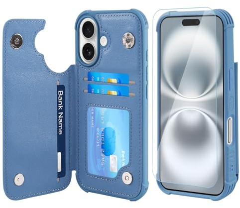 VANAVAGY Fit Car Mount Wallet Case for iPhone 16 Plus,Blue | PU Leather Flip Cover for Men & Women,12ft Drop Protection,RFID Blocking Card Holder,Kickstand,Includes Screen Protector