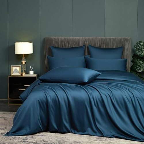 Luofanfei Parure de lit Bambou 220x240 Pétrole Adulte 2 Personnes Unie Lyocell Housse de Couette Soie Lisse Soyeux Brillant Ensemble Literie avec Fermeture éclair et 65x65cm Taies d'oreiller