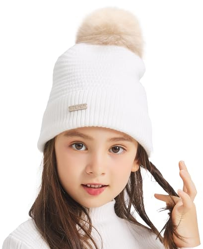 ZLYC Berretto Invernale per Bambini e Bambine, con Pompon, Foderato in Cotone, Lavorato a Maglia, Bianco Tinta Unita, Taglia Unica