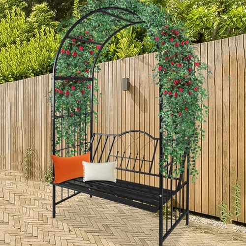 Rosenbogen mit Bank 210x114x52cm, Rosenspalier aus Metall, Gartenbogen für Kletterpflanzen, Torbogen Garten, Rankbogen für Hochzeit Party Hinterhof