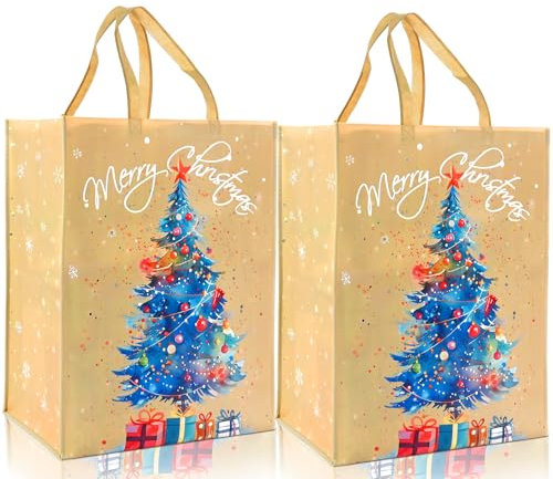 Christmas Tote Bags - 2 Pack Extra Large Christmas Bags with Tree Handle Non-woven Fabric Gift Present Bag,Xmas Shopping Bag for Holiday Party