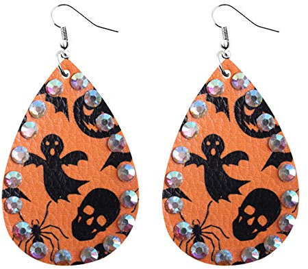 Halloween-Ohrclips mit Totenkopf-Motiv, schwarze Fledermaus-Vampir-Ohrringe für Damen, Partygeschenk, Vintage-Stil, Kürbis, bunte Blume, niedliche und hängende Ohrringe für Halloween, Thanksgiving,